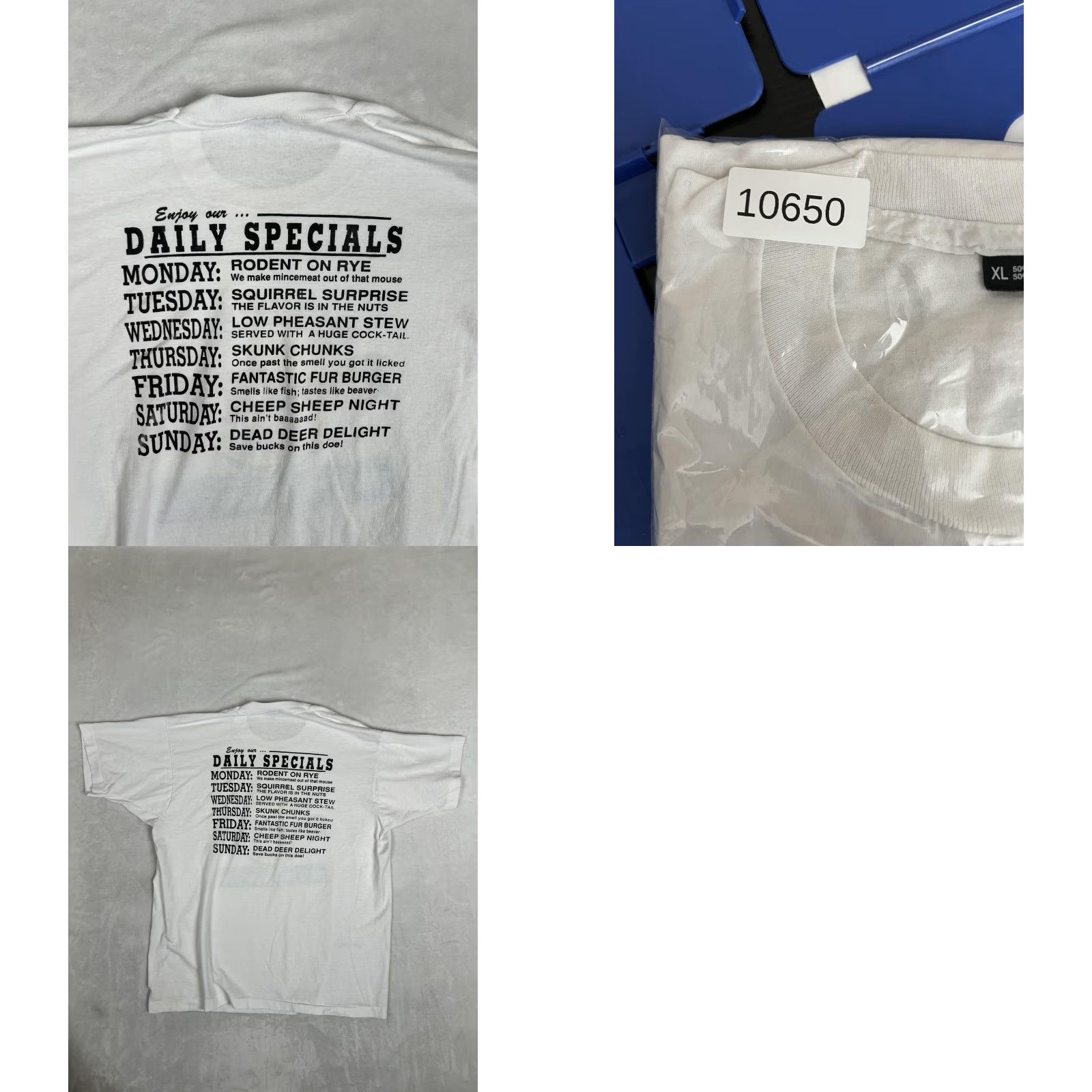 Vintage VINTAGE Road Kill Cafe T-Shirt Mens XL White Shirt Humor 90s Mens Black Text Graphic Print Short Sleeve Crew Neck All Seasons Size US XL / EU 56 / 4 - 8 Thumbnail