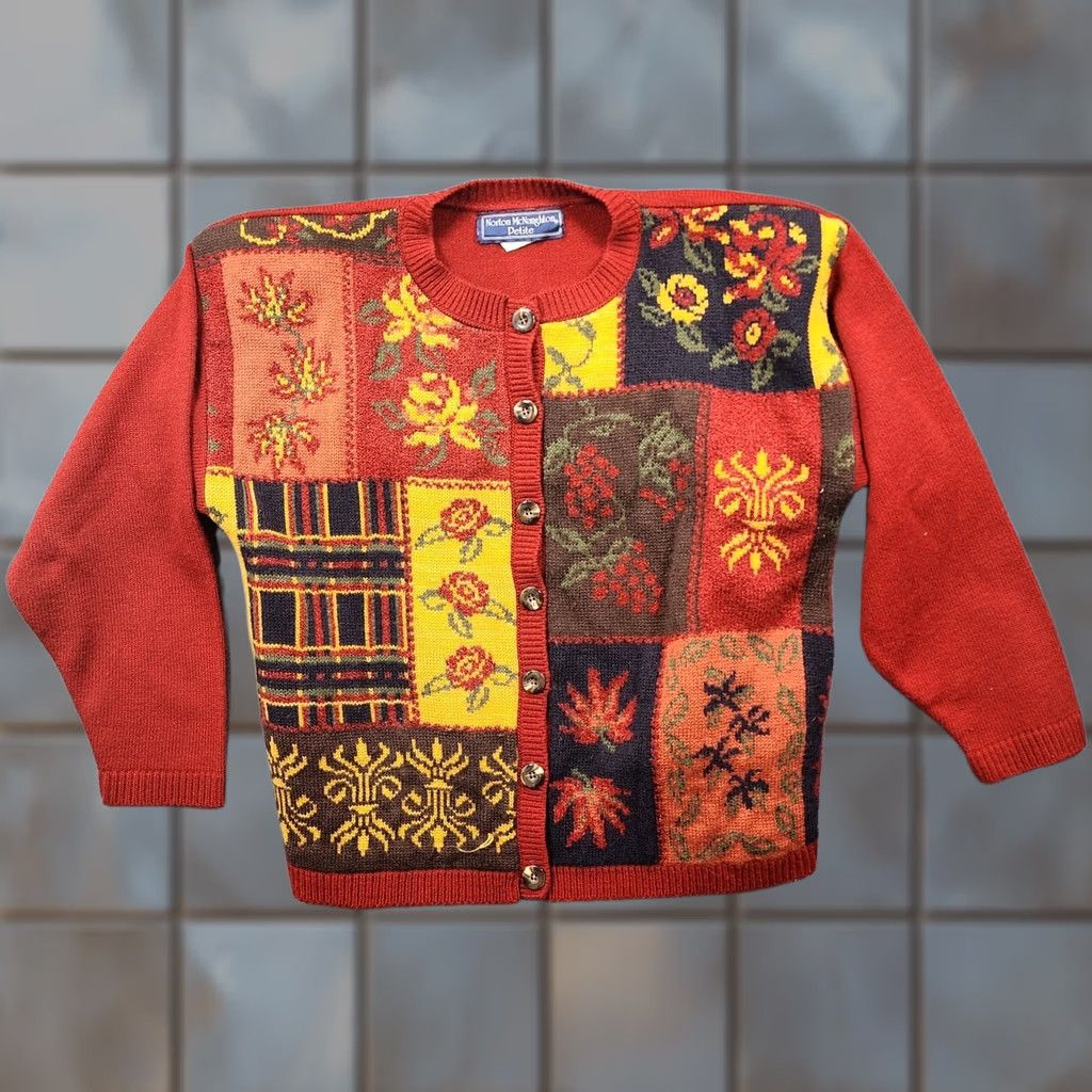 Vintage VINTAGE Norton McNaughton Cardigan Sweater Floral Red Medium Womens Shoulder Pads Classic Size M / US 6-8 / IT 42-44 - 1 Thumbnail