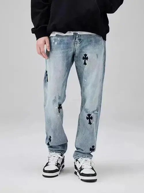 Japanese Brand High Street Washed Distressed Cross Print Straight Leg Jeans Size US 32 / EU 48 - 1 Thumbnail
