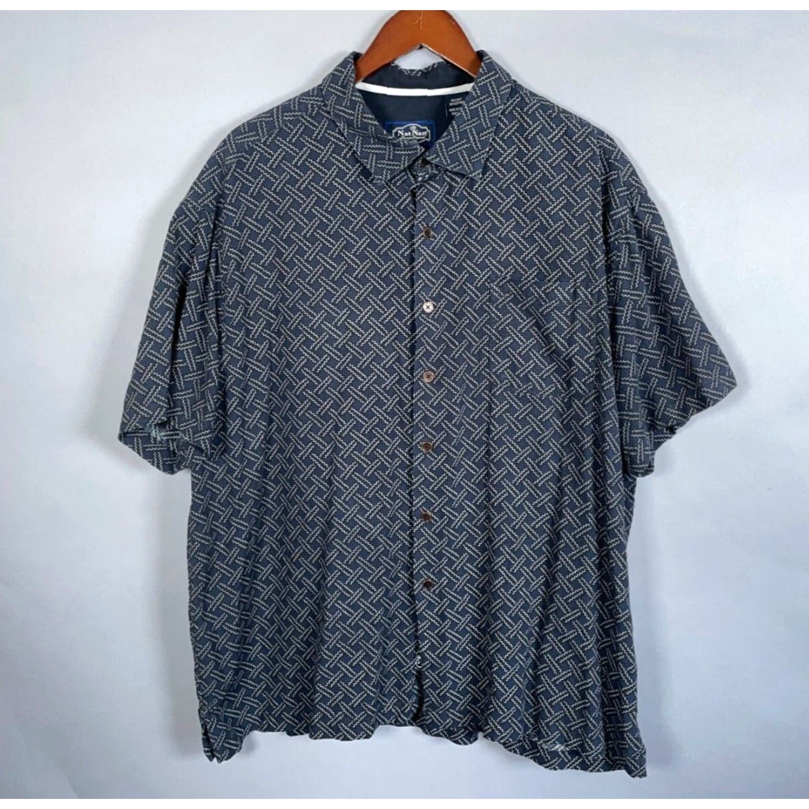 Nat Nast VINTAGE Nat Nast Geometric Shirt Adult 2XL Dark Blue Cotton Silk Blend, Button-Up, Short Sleeve, Collared, Casual, Retro Menswear Size US XXL / EU 58 / 5 - 2 Thumbnail