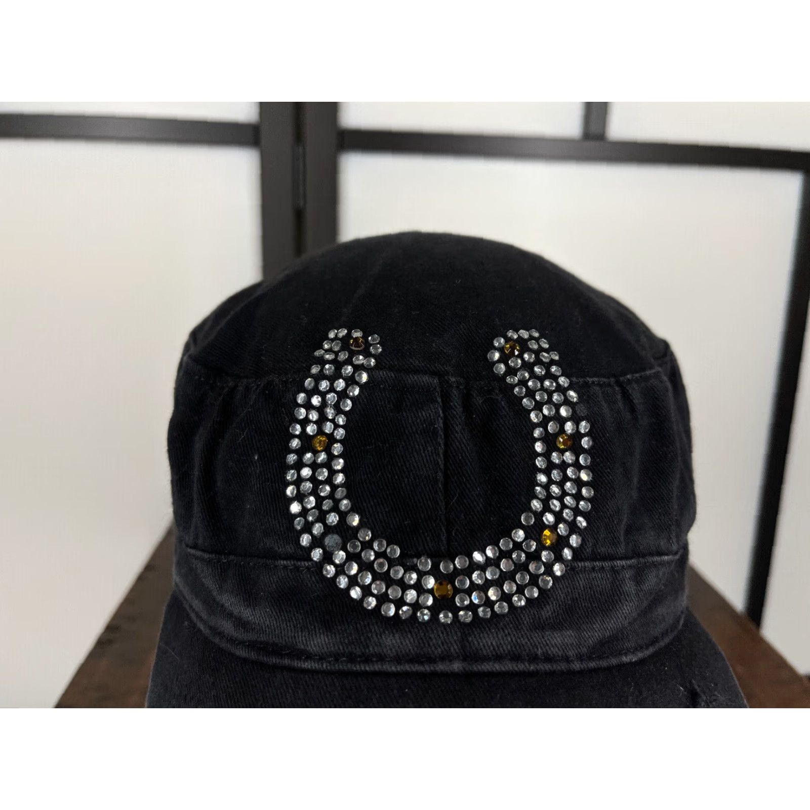 Vintage JFH Headwear Hat Womens One Size Blue Horseshoe Army Cap Strap Back Rhinestone Bling Jewel Casino Distressed Size ONE SIZE - 2 Thumbnail