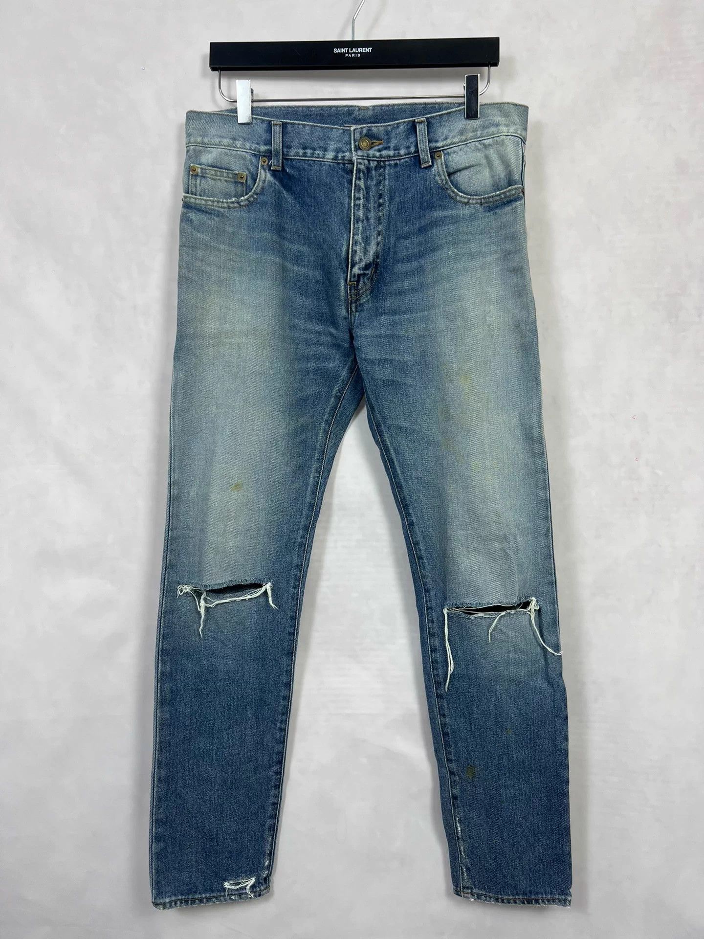 Saint Laurent Paris SLP 16ss Hedi blue wash mid-waist straight knee cut destroye Size US 31 - 1 Thumbnail
