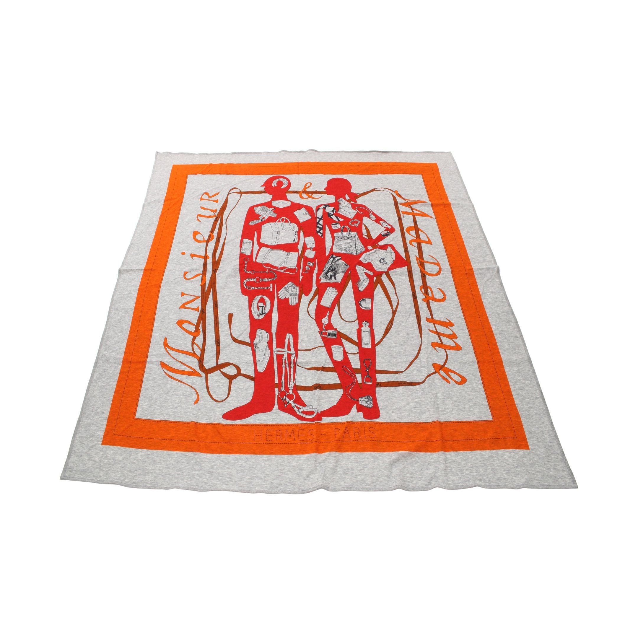 Hermes Hermes Monsieur Et Madame Scarf Cotton Gray Orange Multicolor Size ONE SIZE - 1 Thumbnail