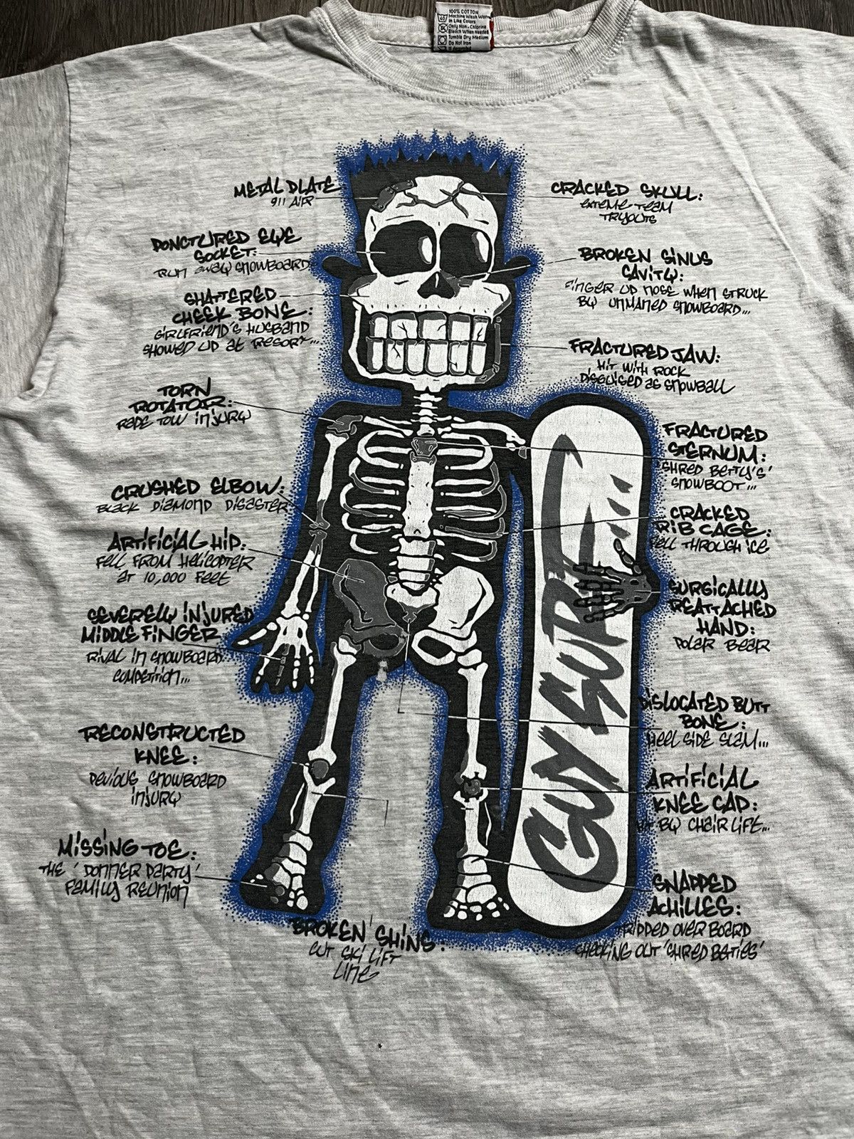 Vintage 90s French Spirit Archive Snowboard Skeleton Anatomy T-Shirt Size US L / EU 52-54 / 3 - 4 Thumbnail