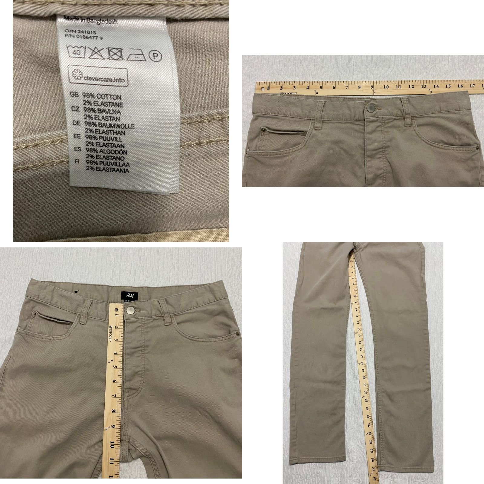 H&M H&M Khaki Chino Pants Men Slim 30 Beige Straight Flat Front Zip Button Casual Pants Size US 30 / EU 46 - 8 Thumbnail