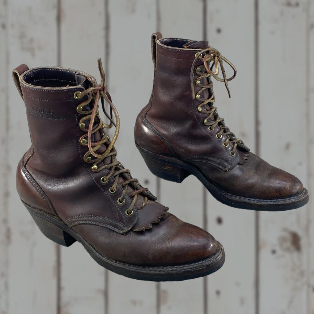 Vintage Whites Handmade Mens 9 D Brown Leather Boots Logger Packer Lace Up Vibram Sole - Workwear Boots Size US 9 / EU 42 - 1 Thumbnail
