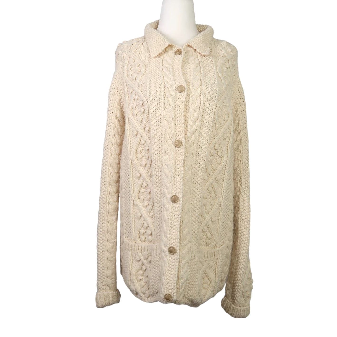 Vintage VINTAGE 80s cream cable knit bobble cardigan sweater L Women Long Sleeve Casual Knit Size L / US 10 / IT 46 - 2 Thumbnail