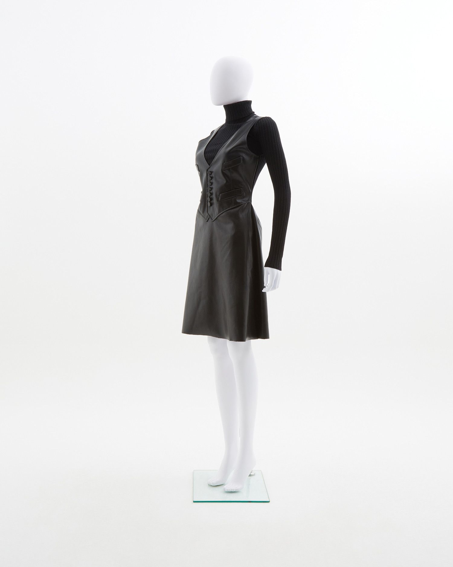 Jean Paul Gaultier Early 90's black leather & ribbed knit high-neck wool dress Size M / US 6-8 / IT 42-44 - 2 Thumbnail
