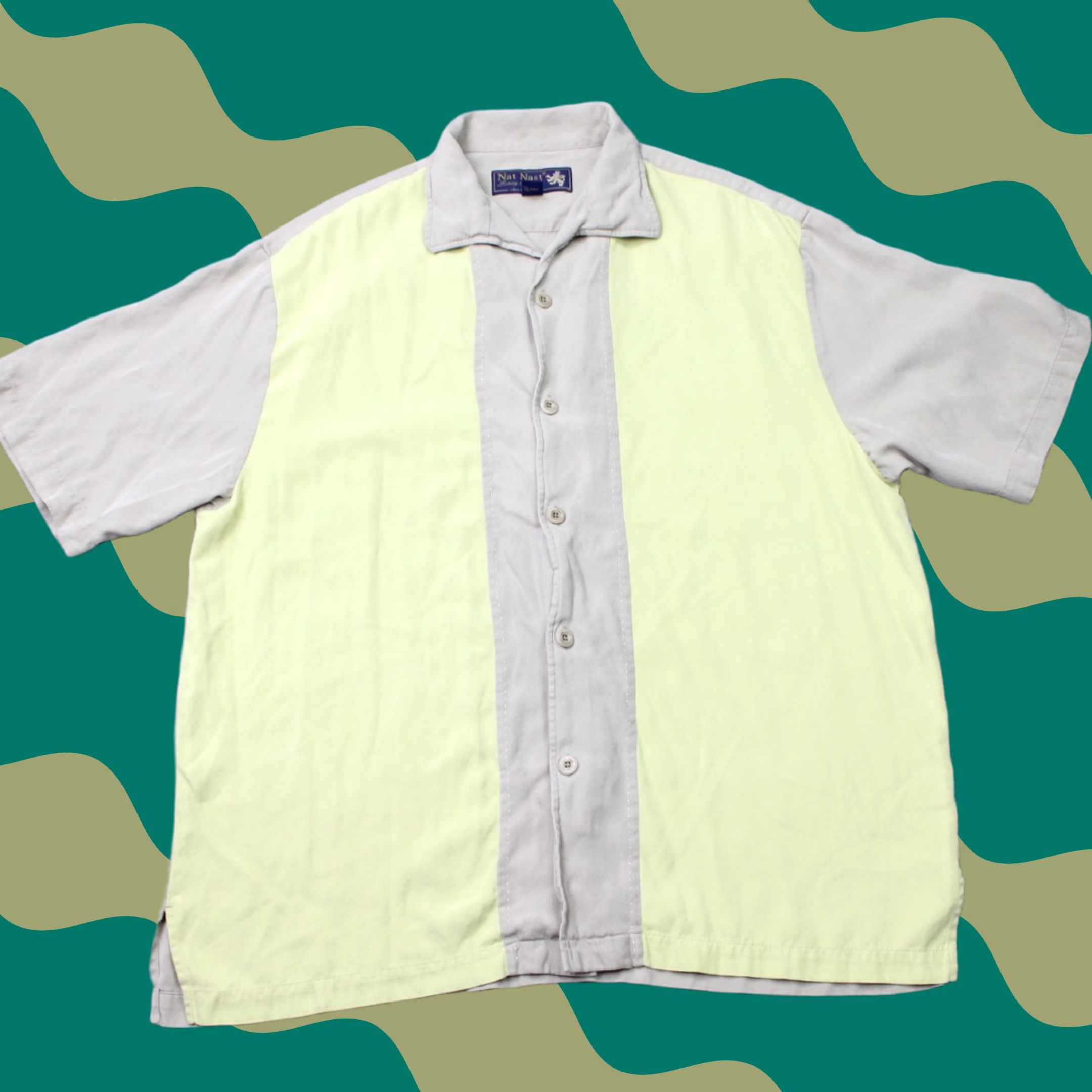 Nat Nast Nat Nast Luxury Originals Shirt Mens Large Yellow/Beige Colorblock 100% Silk Short Sleeve Button-Up Size US L / EU 52-54 / 3 - 1 Thumbnail