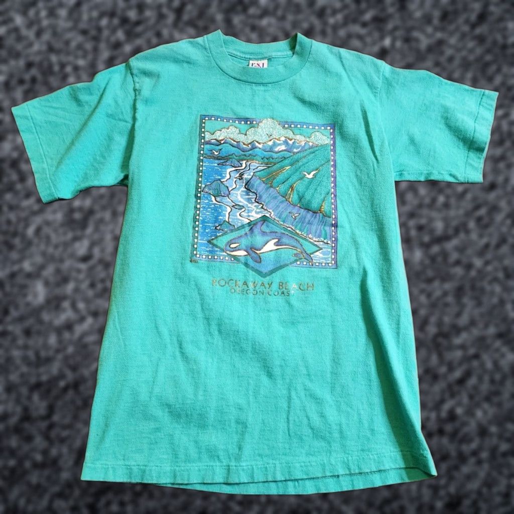 Vintage VINTAGE PSI T Shirt Mens 1980s Rockaway Beach Oregon Coast Whale Travel Souvenir Blue Short Sleeve S/M Cotton Basic Tee Shirts Mens Size US S / EU 44-46 / 1 - 1 Thumbnail