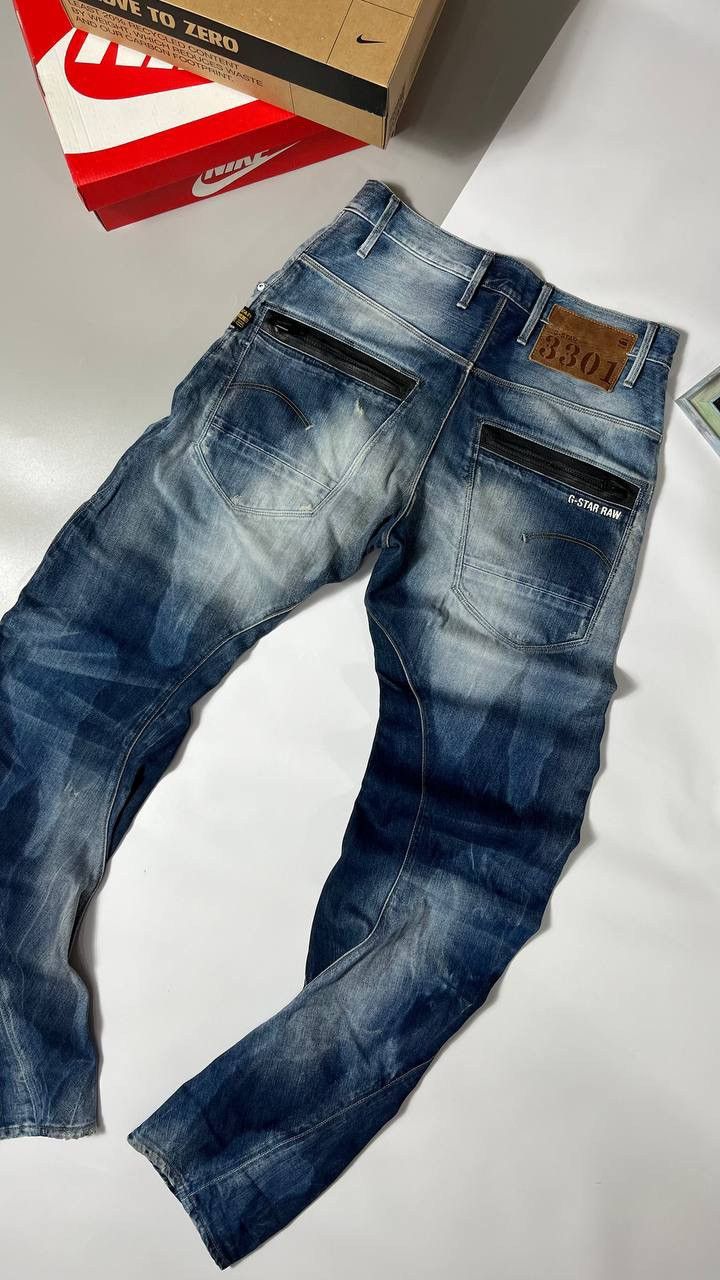 G-Star G Star Raw 3301 Denim Jeans Mens 31x34 Blue Distressed Moto Size US 31 - 4 Thumbnail