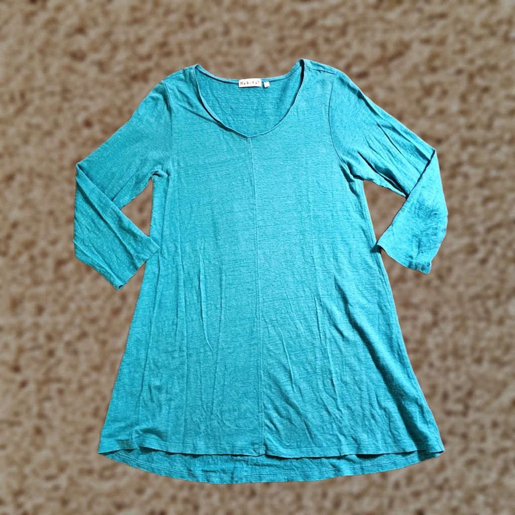 Habitat Habitat Dress Womens Large Green Teal Linen V-Neck 3/4 Sleeve A-Line Knee Length Beach Casual Size L / US 10 / IT 46 - 1 Thumbnail