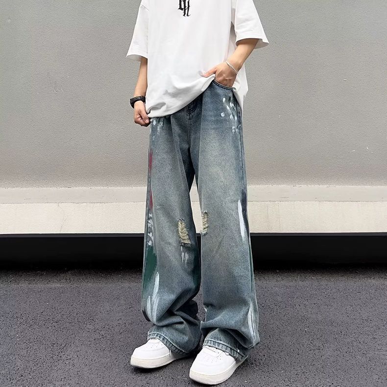 Japanese Brand Men's loose wide-leg straight washed ripped jeans Size US 32 / EU 48 - 1 Thumbnail