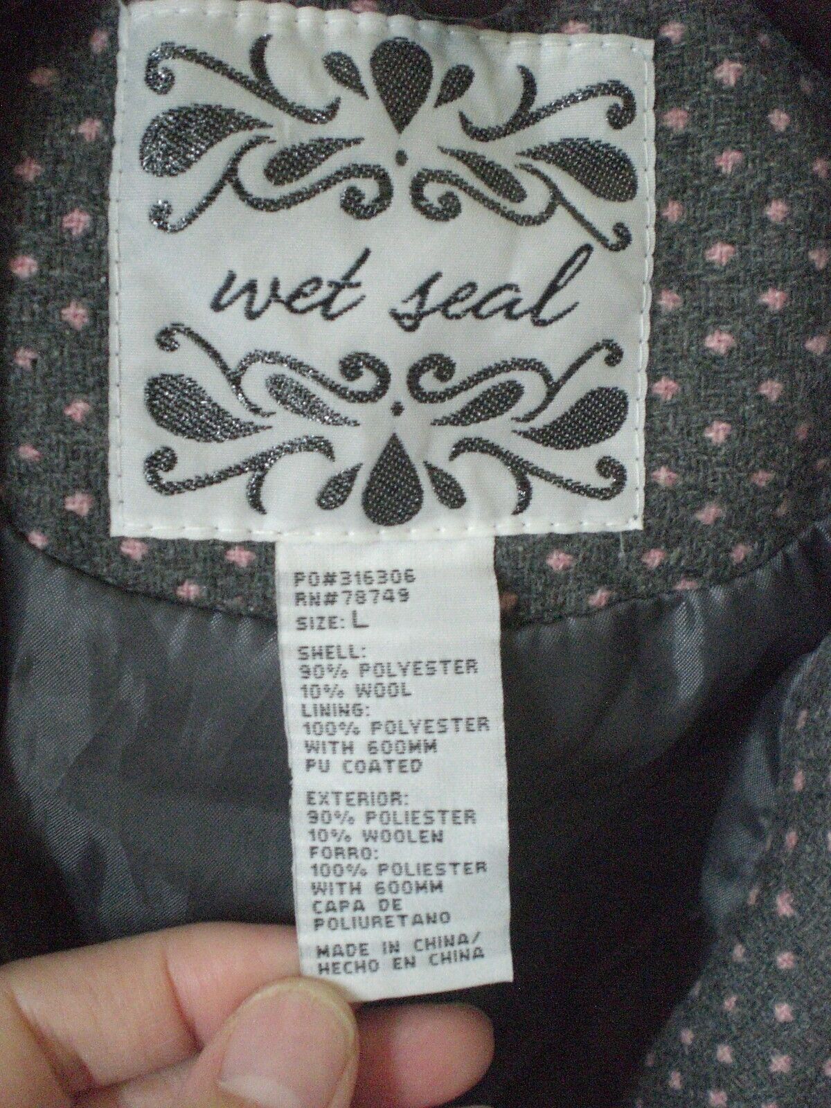 Other Wet Seal Jacket Coat Gray with Pink Dots LARGE Size L / US 10 / IT 46 - 2 Thumbnail