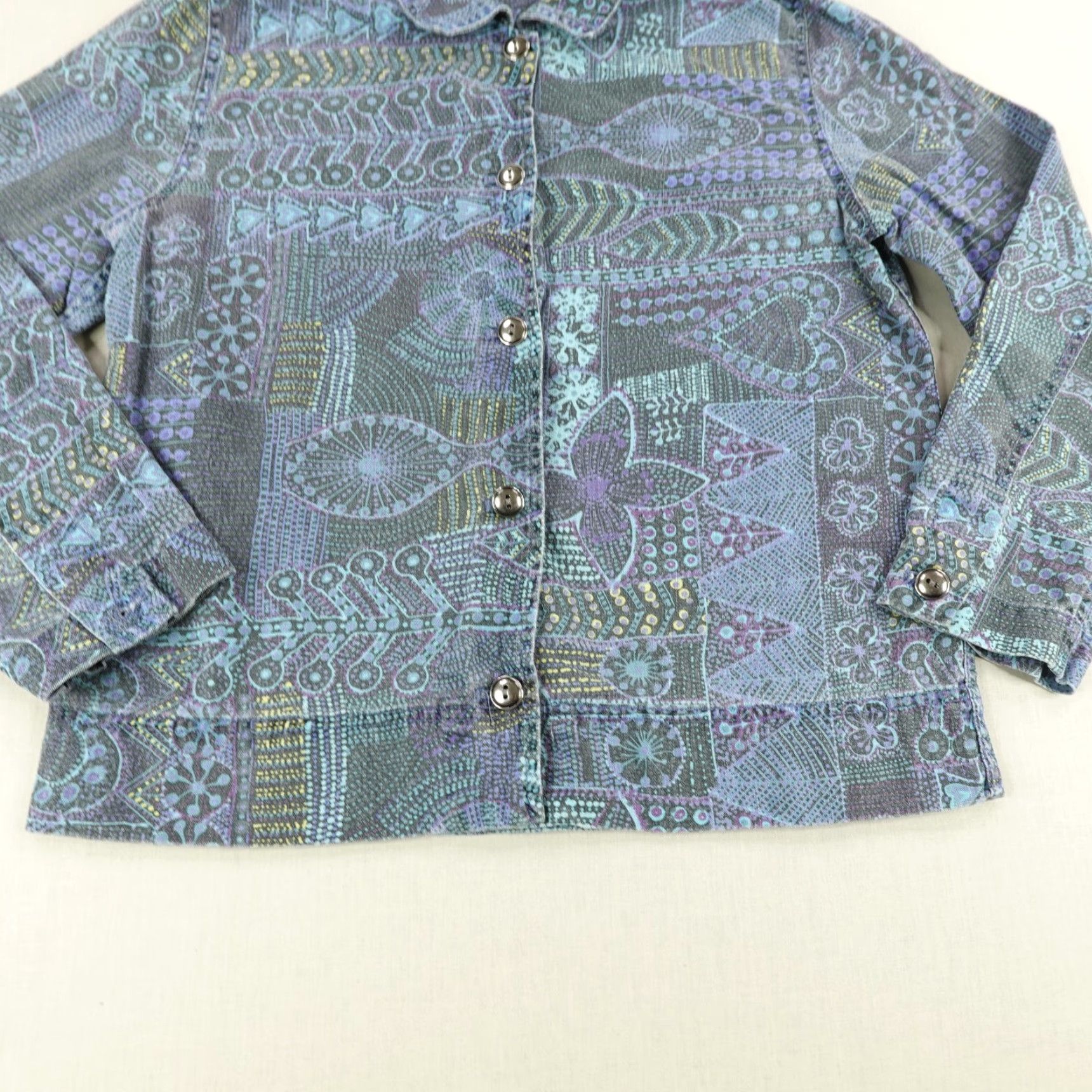 Vintage Chicos Jacket Womens S Blue Canvas Geometric Button Up Top Casual Workwear Size S / US 4 / IT 40 - 3 Thumbnail