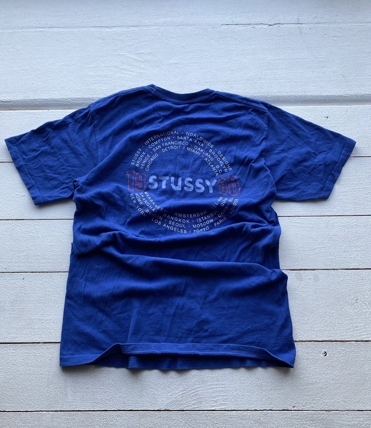 Stussy × Vintage 00s Stussy Worldwide Blue Tour 1980 Logo T Shirt Mens Small Size US S / EU 44-46 / 1 - 1 Thumbnail