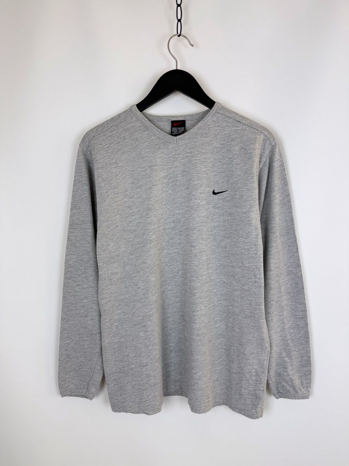 Nike 1990’s Vintage Nike Gray Mini Swoosh V-Neck Boxy Long Sleeve Size US M / EU 48-50 / 2 - 1 Thumbnail