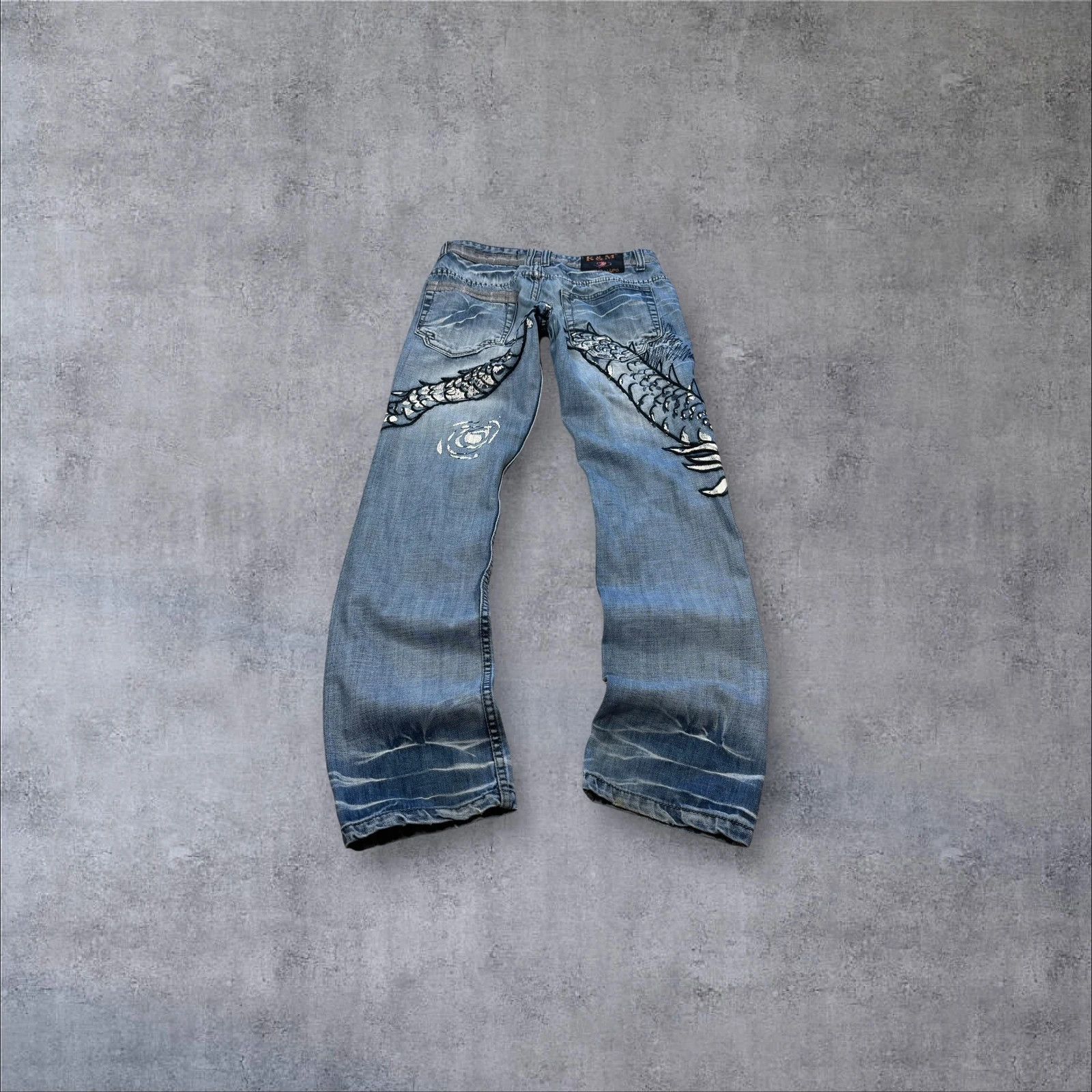 Japanese Brand K&M Dragon Embroidered Distressed Jeans Y2K Size US 31 - 2 Thumbnail