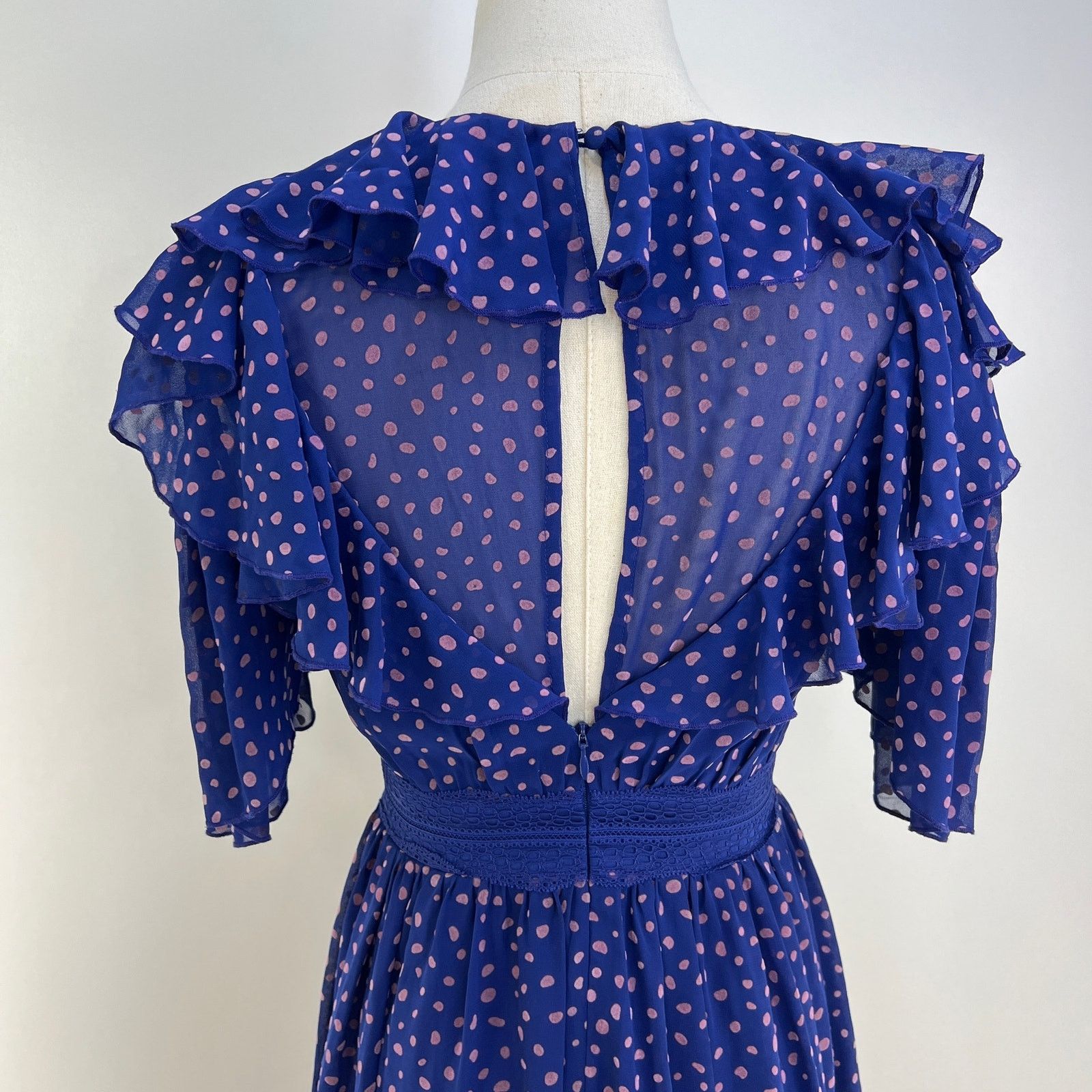 Other Three Floor Polka Dot Ada Dress Blue Ruffles V Neck Midi Size S / US 4 / IT 40 - 10 Thumbnail