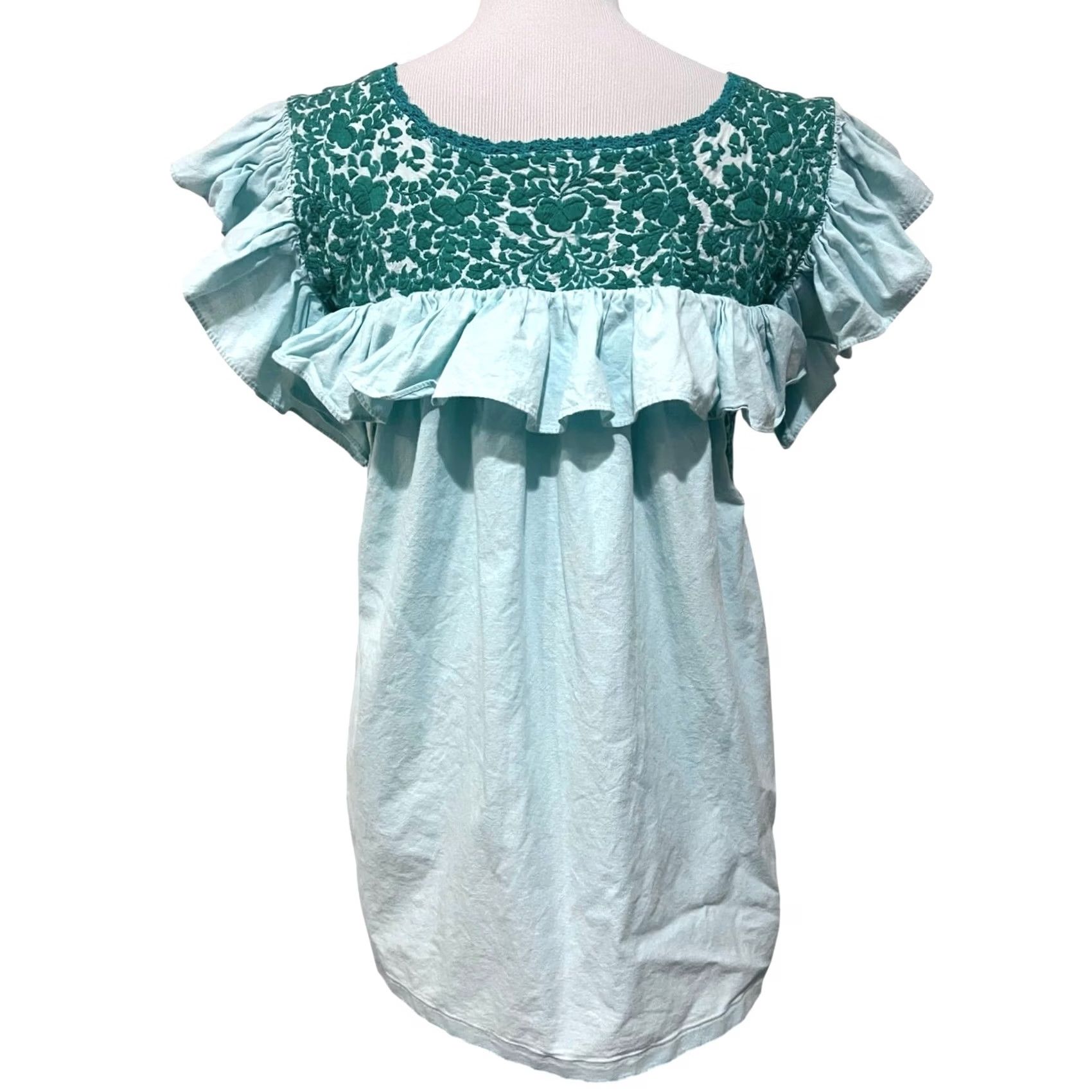 Vintage Mi Golondrina Soledad Embroidered Top Womens M Blue/Green Cotton Ruffle Sleeves Size M / US 6-8 / IT 42-44 - 6 Thumbnail