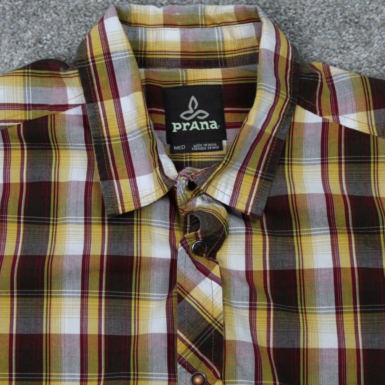 Prana prAna Pearl Snap Shirt Mens M Brown/Yellow/Red/Black S/S Organic Cotton Shirt Size US M / EU 48-50 / 2 - 4 Thumbnail