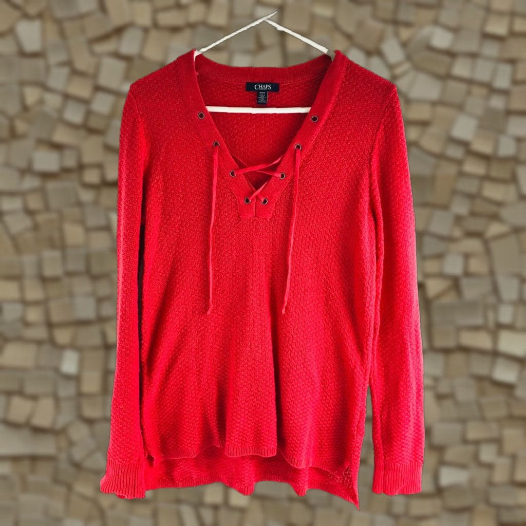 Chaps Chaps Sweater Women’s Size Medium Red Knit Pullover Long Sleeve V-Neck Laced Up Size M / US 6-8 / IT 42-44 - 1 Thumbnail