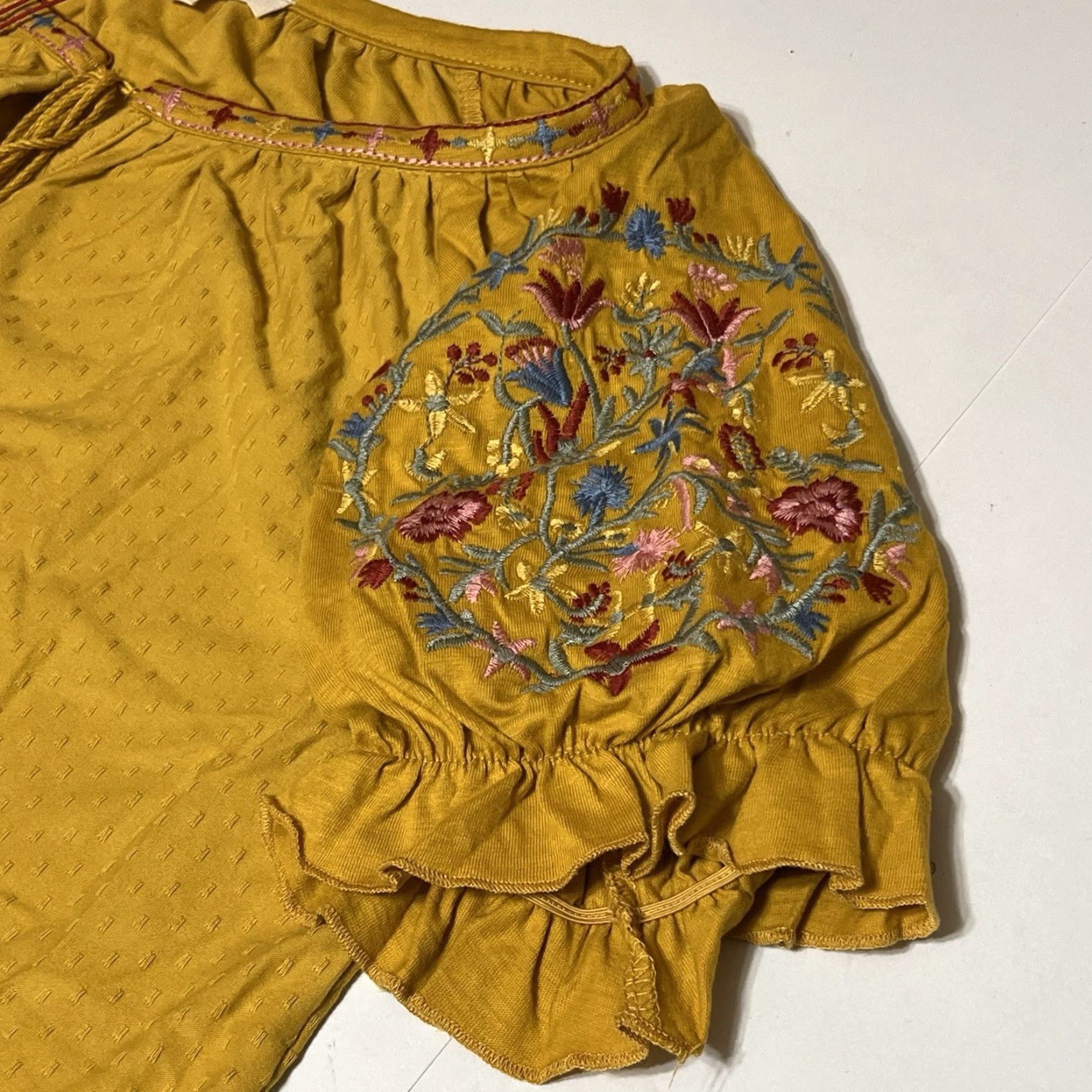Vintage Solitaire Blouse Short Sleeve Women's XL Yellow Floral Embroidered NWT Boho Top (Cotton Blend) Size XL / US 12-14 / IT 48-50 - 7 Thumbnail
