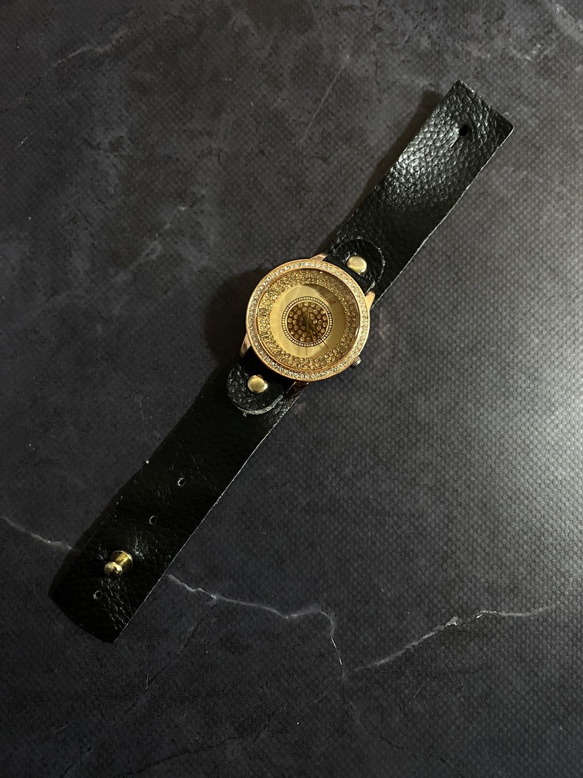 Vintage Disco Gold-Tone Rhinestone Watch with Leather Strap Size ONE SIZE - 5 Thumbnail