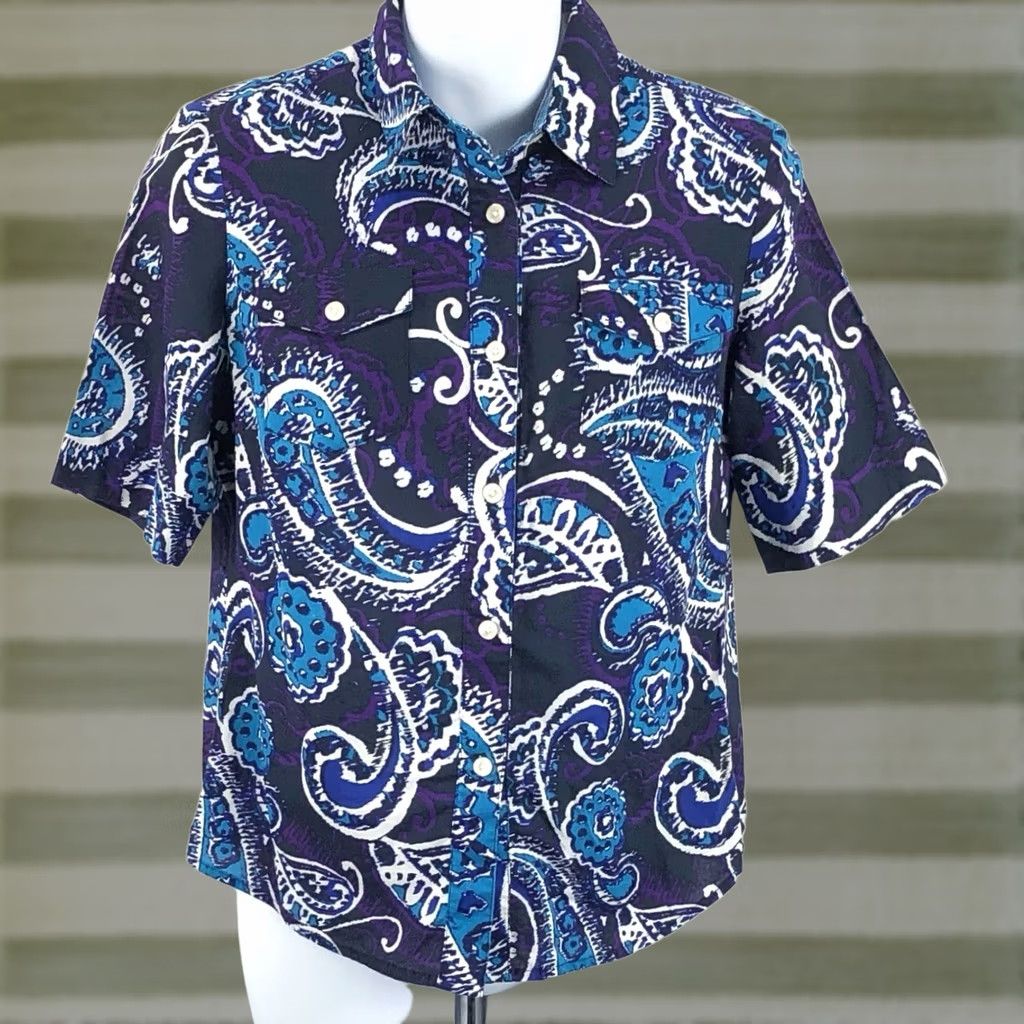 Vintage Jones NY Signature Purple Geometric ButtonUp Short Sleeve Collar Blouse PP Petite Women Shirt Size XXS / US 00 / IT 34 - 1 Thumbnail
