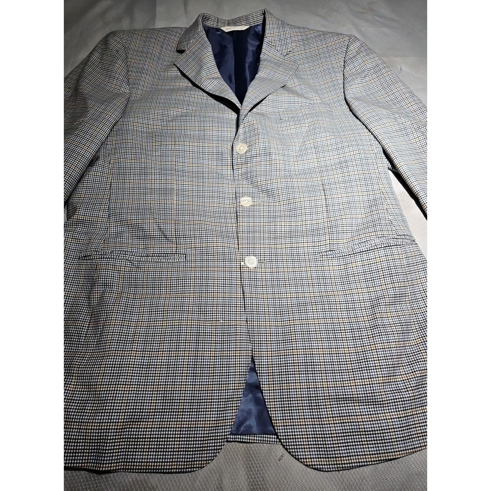 Vintage Samuelsohn Blazer 44 Tan Brown Houndstooth Blue Windowpane Wool Sport Coat Jacket - Three Button Notch Lapel Regular Fit Mens BLAZER Size 44R - 3 Thumbnail