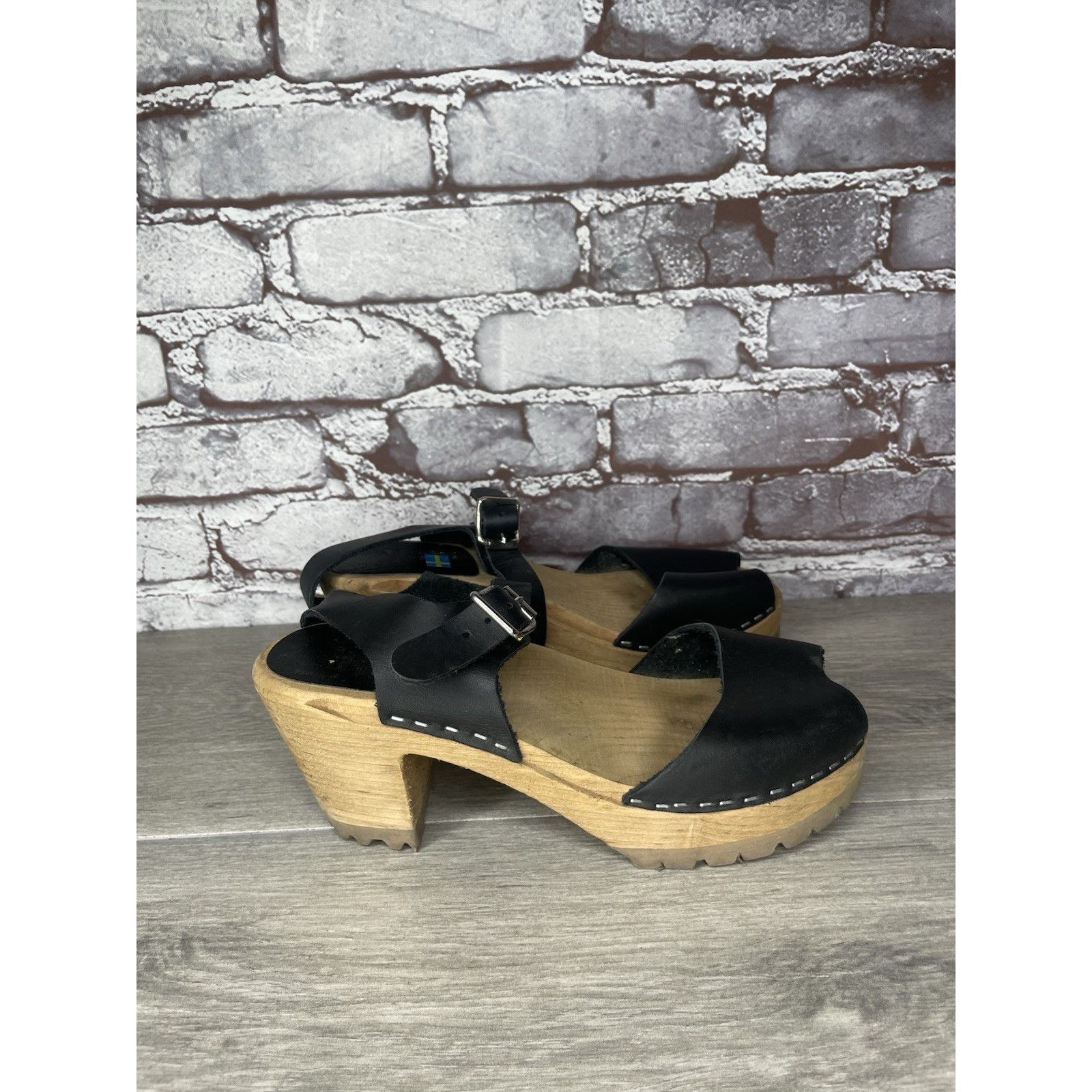 Swedish Hasbeens Swedish Hasbeens Black Leather Wooden Heel Peep Toe Ankle St Size US 7.5 / IT 37.5 - 4 Thumbnail