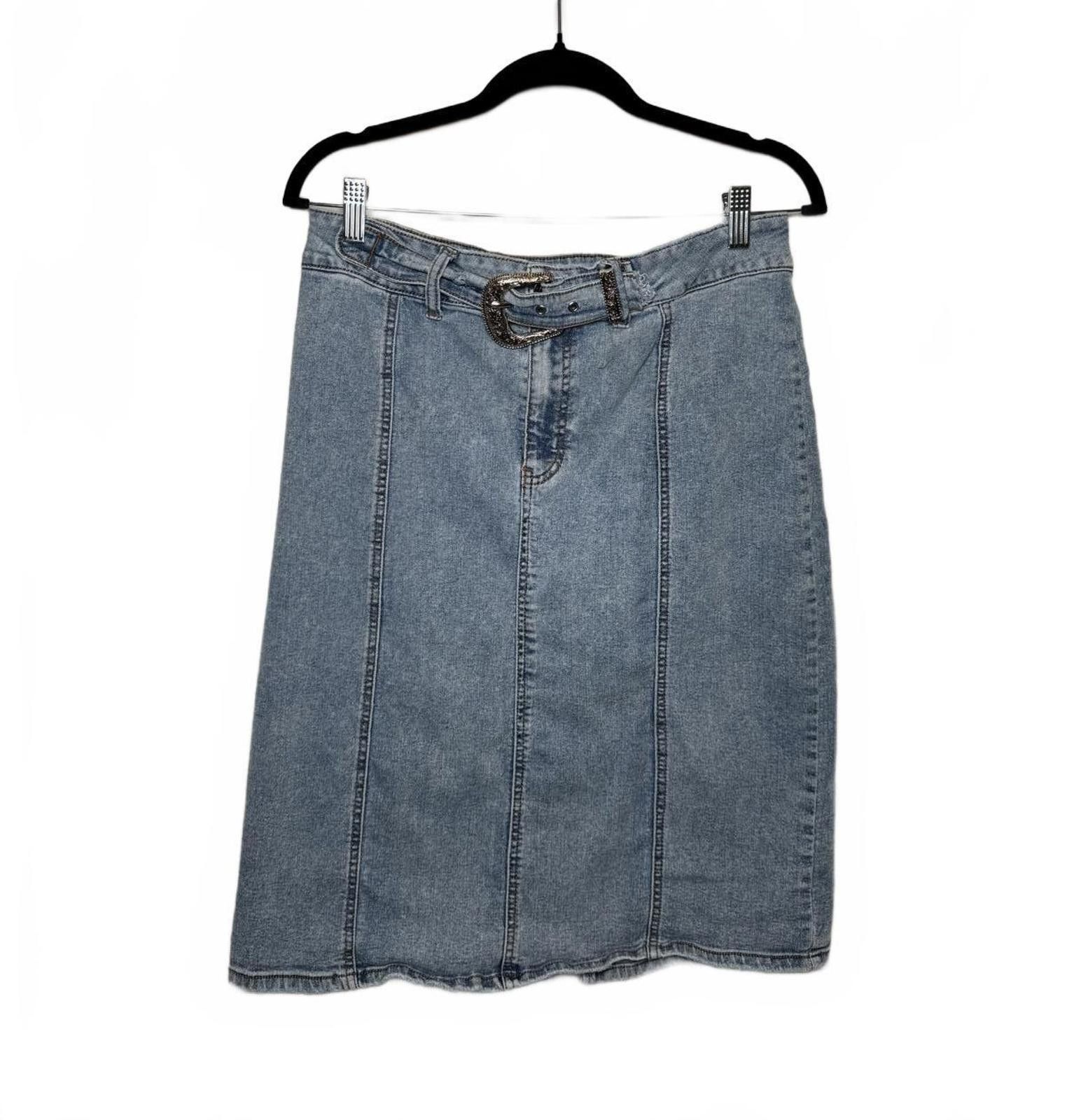 Designer Vintage Y2K Denim Jean Skirt with Silver Belt Buckle Size 34" / US 12 / IT 48 - 2 Thumbnail