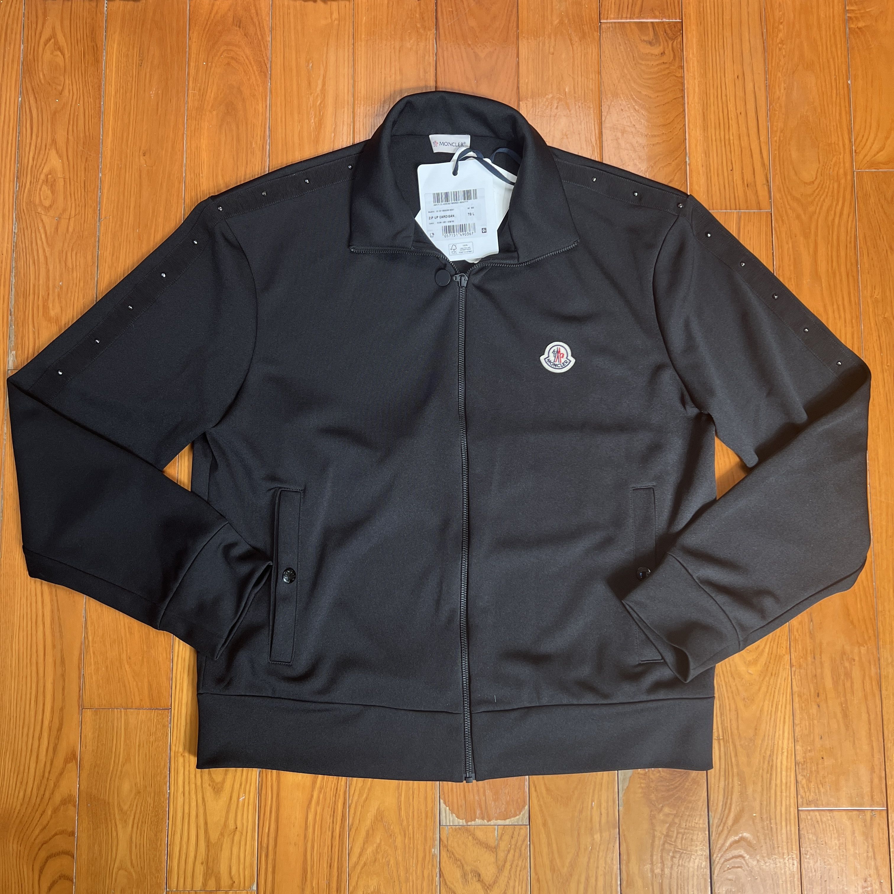 image of Moncler Studded Grosgrain-Trimmed Zip Up Sweatshirt ($960 Msrp) in Black, Men's (Size Large)