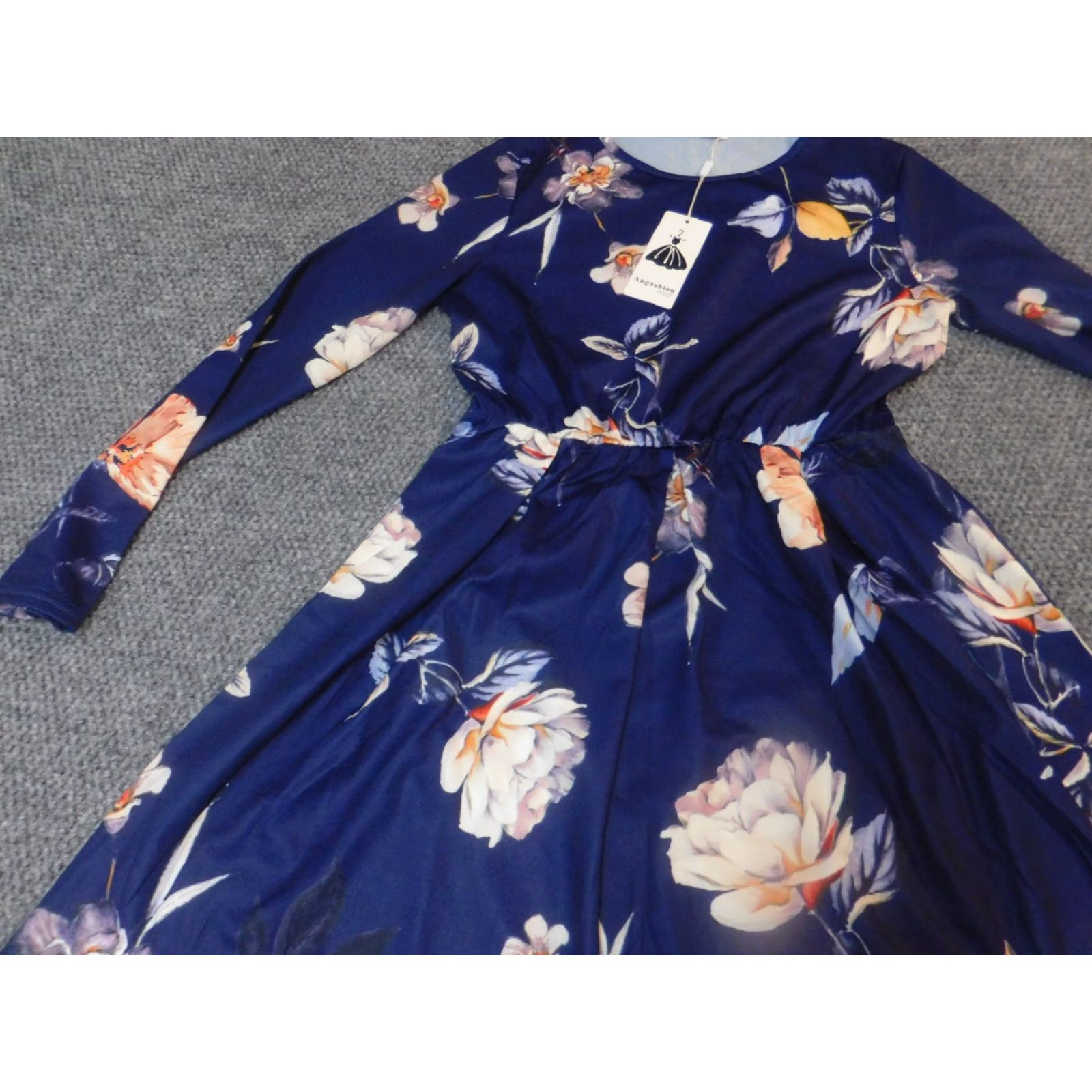 Vintage Angashion Womens Dress A-Line Long Sleeve Mock Neck Blue Floral Knit Nylon Puff Sleeve Casual M Size M / US 6-8 / IT 42-44 - 3 Thumbnail