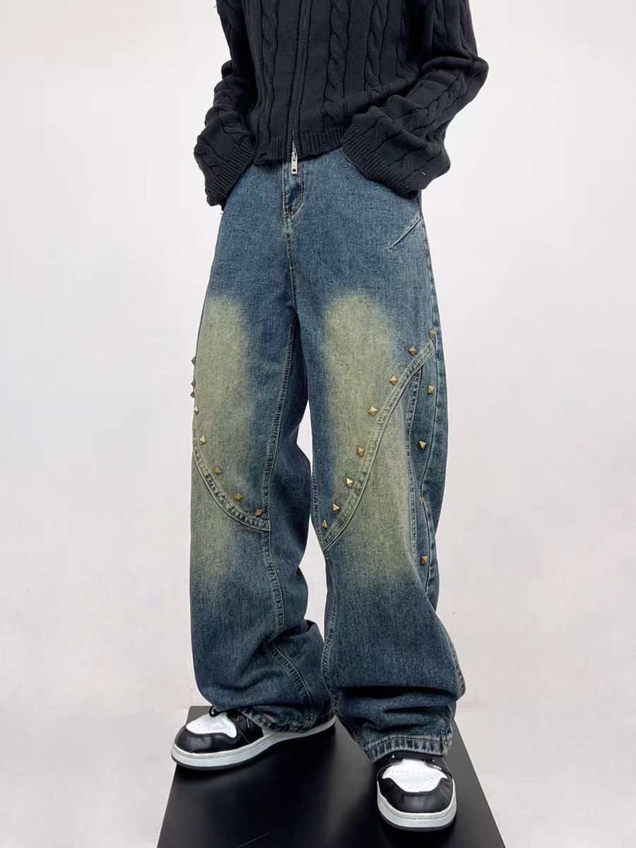 image of Street Hip-Hop Rivet Washed Contrast Patchwork Jeans in Blue, Men's (Size 32)