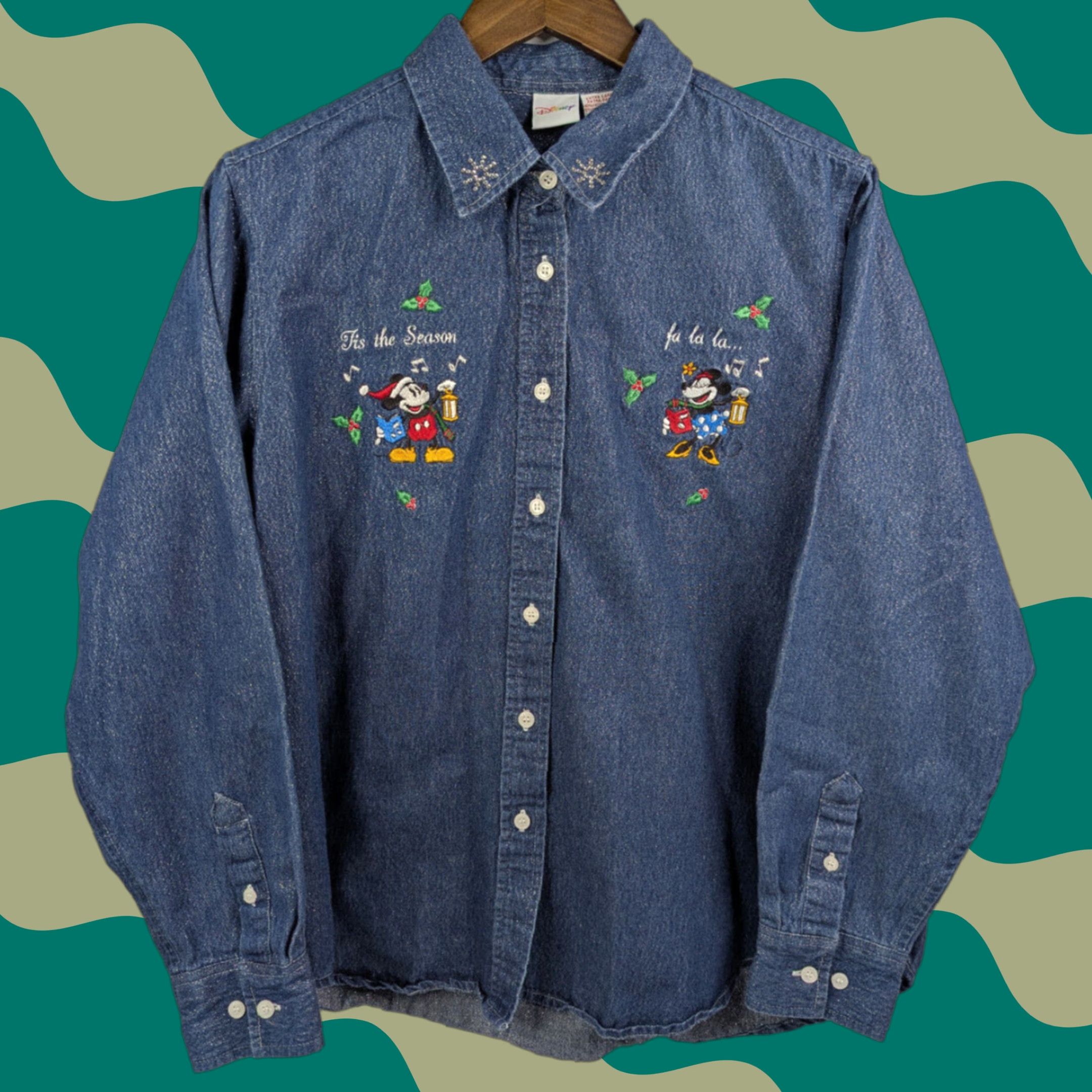 Disney Disney Mickey Mouse Button-Up Denim Shirt Womens XL Christmas Glitter Embroidered Blue Cotton Blend Button Closure Ladies Holiday Christmas Theme Size XL / US 12-14 / IT 48-50 - 1 Thumbnail