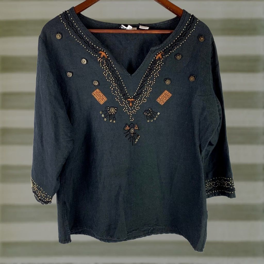 Vintage Kaktus Blouse Women's XL Black Beaded Linen Blend 3/4 Sleeve V-Neck Boho Top Size XL / US 12-14 / IT 48-50 - 1 Thumbnail