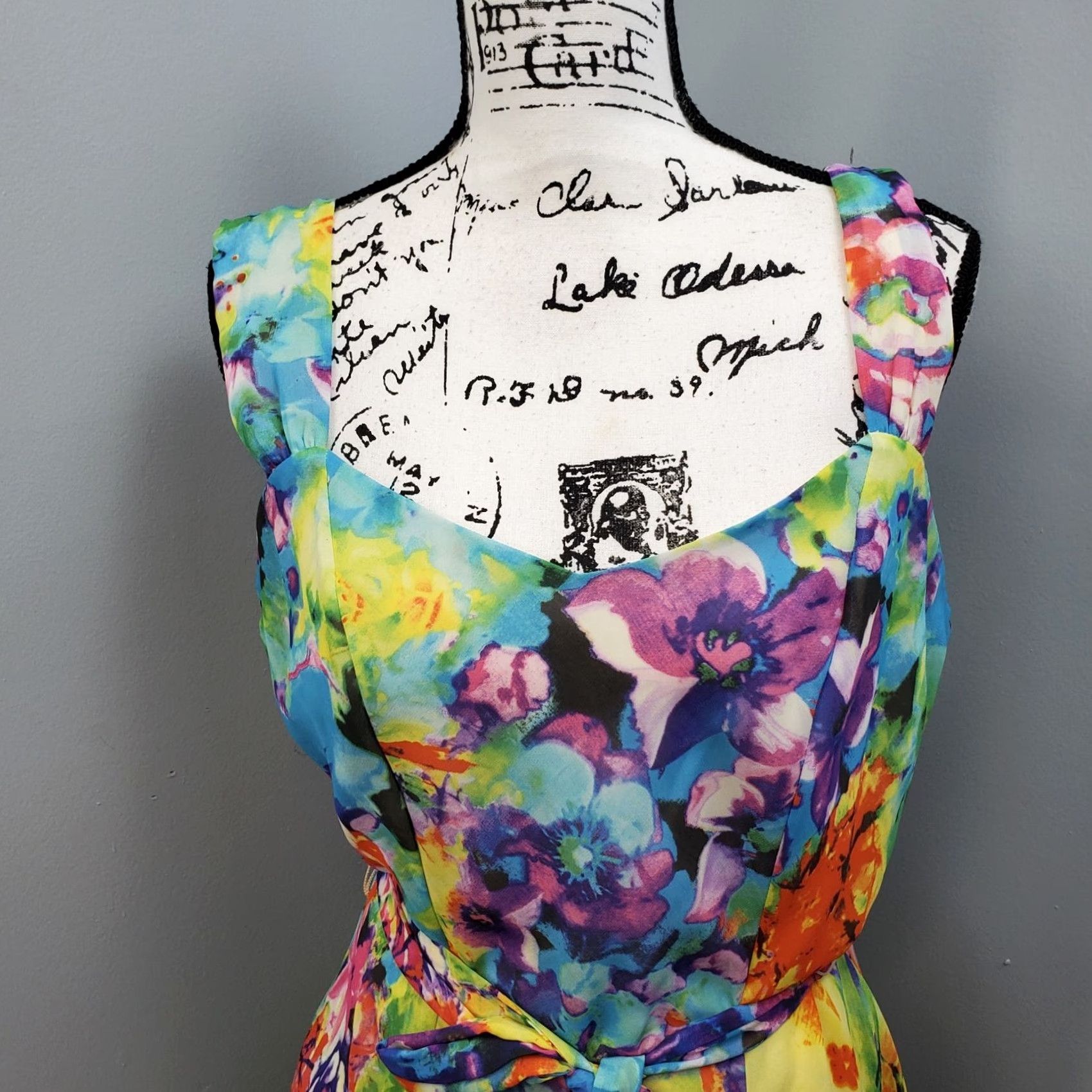Vintage Robbie Bee Fit & Flare Dress Womens 12 Multi Tie Dye Floral Sweetheart Tie Waist Dress Size XL / US 12-14 / IT 48-50 - 3 Thumbnail