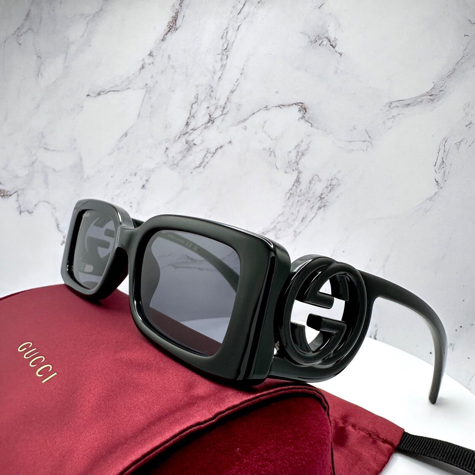 Gucci Gucci Black Sunglasses Interlocking GG Logo Triple Black New Size ONE SIZE - 10 Thumbnail