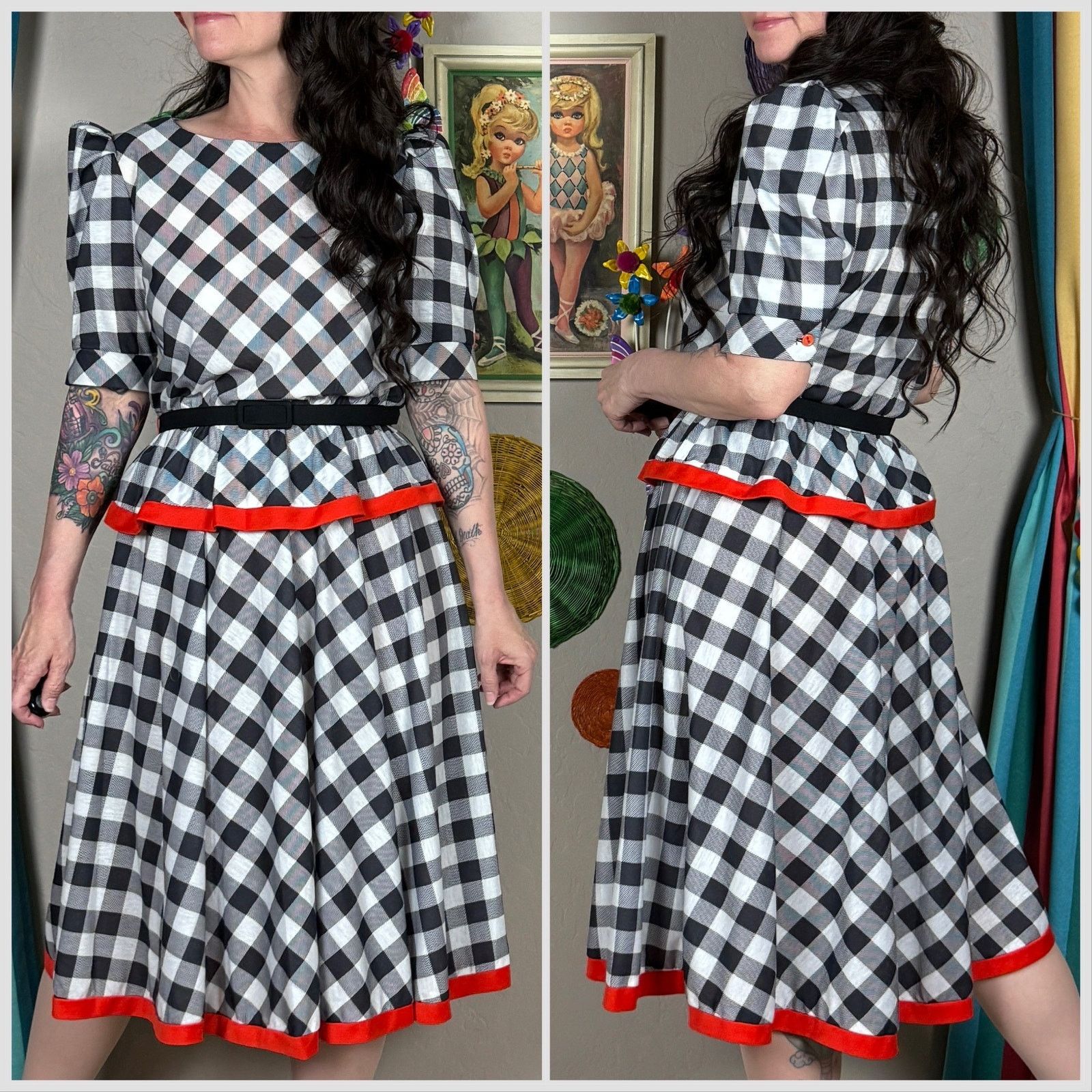 Vintage 1980s Black and White Gingham Short Sleeve Peplum Midi Dress Size S / US 4 / IT 40 - 3 Thumbnail