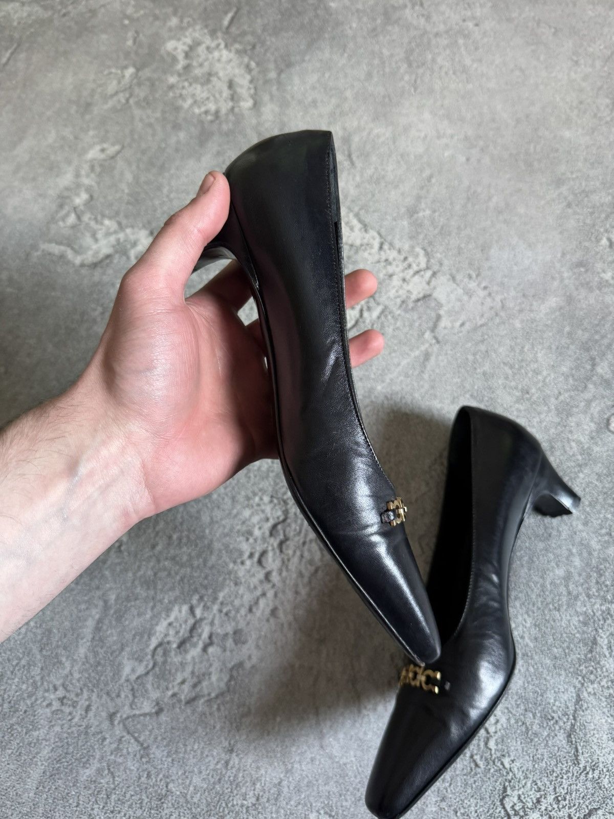 Salvatore Ferragamo Salvatore Ferragamo black leather short heels 👠 gold detail Size US 6 / IT 36 - 15 Thumbnail