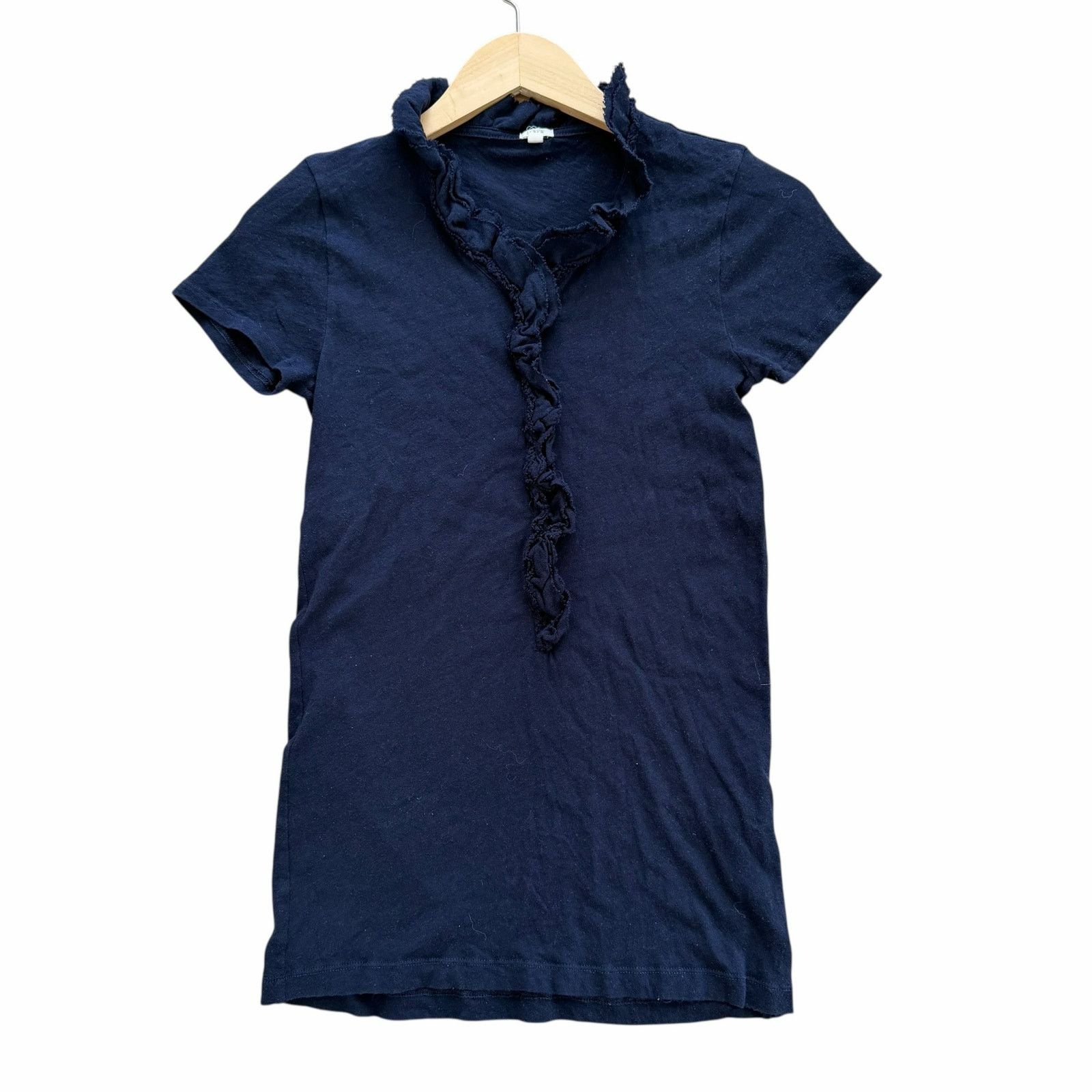 J.Crew J. Crew Cotton Navy Blue Ruffle Front Short Sleeve Shirt S Size S / US 4 / IT 40 - 1 Thumbnail