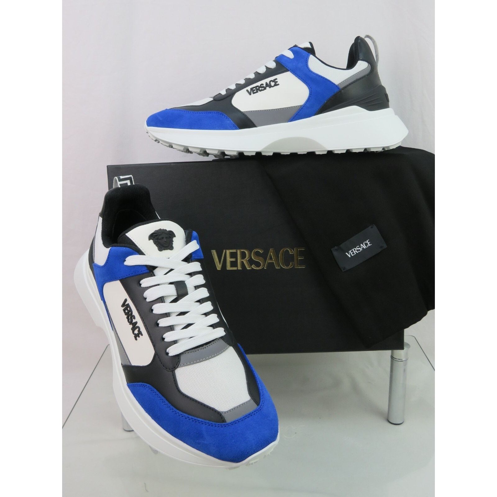 Versace VERSACE BLUE WHITE LEATHER MEDUSA HEAD PLATFORM SNEAKERS 44 Size US 11 / EU 44 - 1 Thumbnail