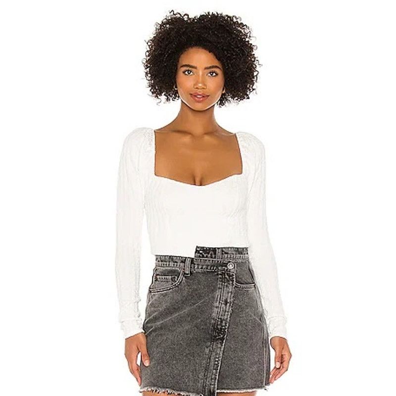 Free People NWT FREE PEOPLE Brittany White Ribbed Puff Sleeve Top Large Size L / US 10 / IT 46 - 13 Thumbnail