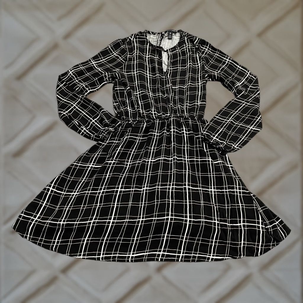 AQUA Aqua A-Line Dress Womens S Black White Plaid Long Sleeve Knit Rayon Spandex Elastic Waist Knee Length Vintage No Size S / US 4 / IT 40 - 1 Thumbnail