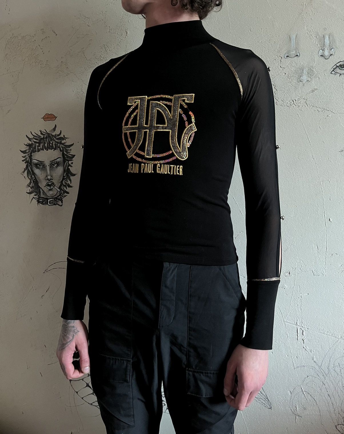 Jean Paul Gaultier Beauty Beast Gothic Poem Rock Punk Opium JPG Mesh LongSleeve Size S / US 4 / IT 40 - 2 Thumbnail