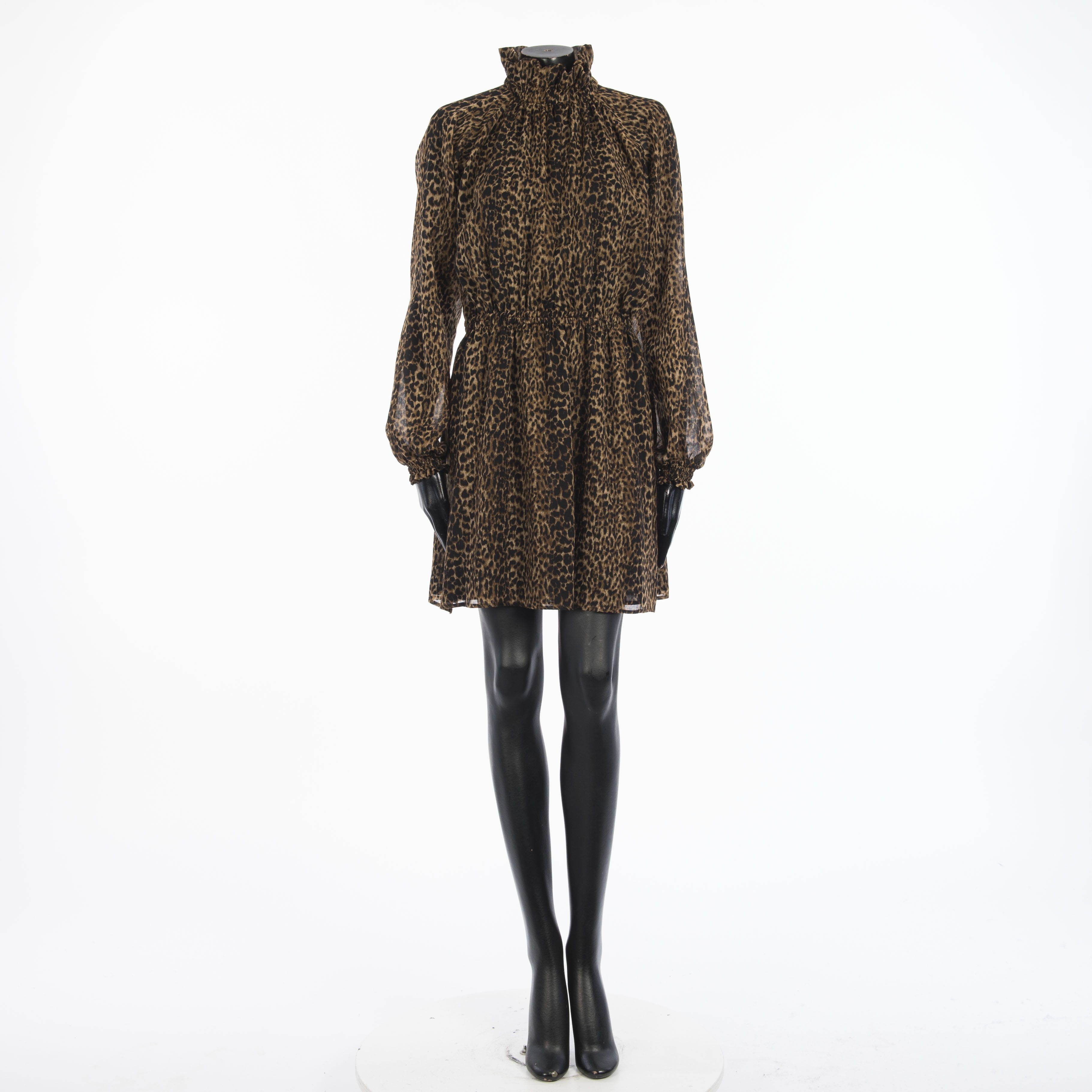 image of Saint Laurent Paris Ruffled Mini Dress In Leopard Print Virgin Wool & Silk in Brown, Women's (Size 