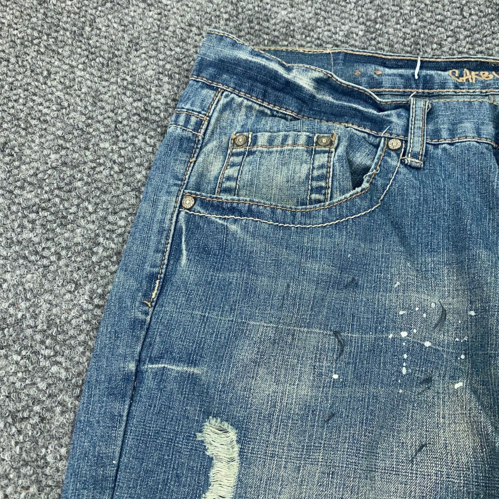 Carbon Carbon Boot Cut Jeans Mens 34x32 Blue Denim Faded Distressed Paint Splatter Size US 35 - 4 Thumbnail