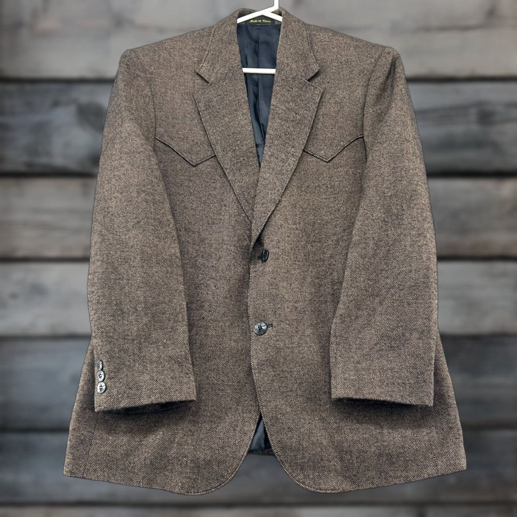 Vintage VINTAGE Circle S Blazer Mens 42 Brown Wool Polyester Lined Blazer 80s 90s USA Tuxedo Single-Breasted Two-Button Carded Regular Mens Size 42R - 1 Thumbnail