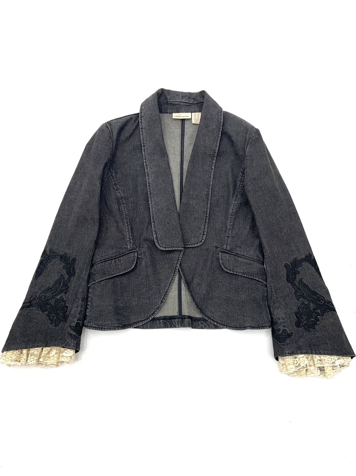 image of Avant Garde x Dkny 2000S Dkny Embroidered Denim Blazer With Lace Sleeves in Grey, Women's (Size Med